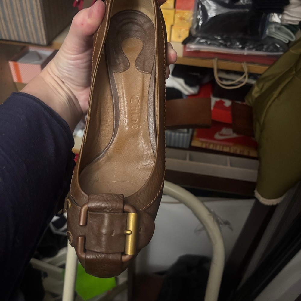 Chloe Brown Leather Ballet Flat with Buckle Detail